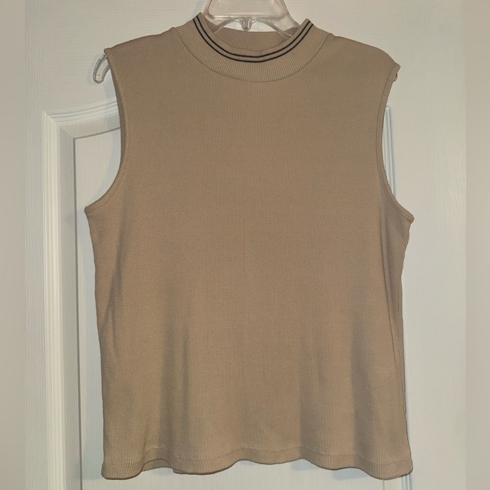 Vintage Tan Sleeveless Mock Neck Rib Tank with black stripes on collar